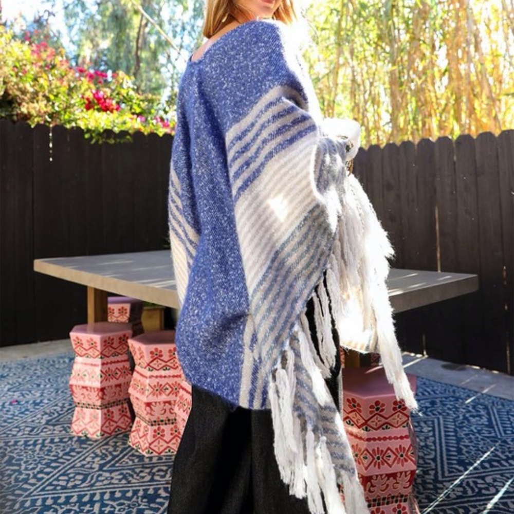 028 Cozy Boho Striped Tassel Shawl Wrap Poncho - Picture 3 of 3